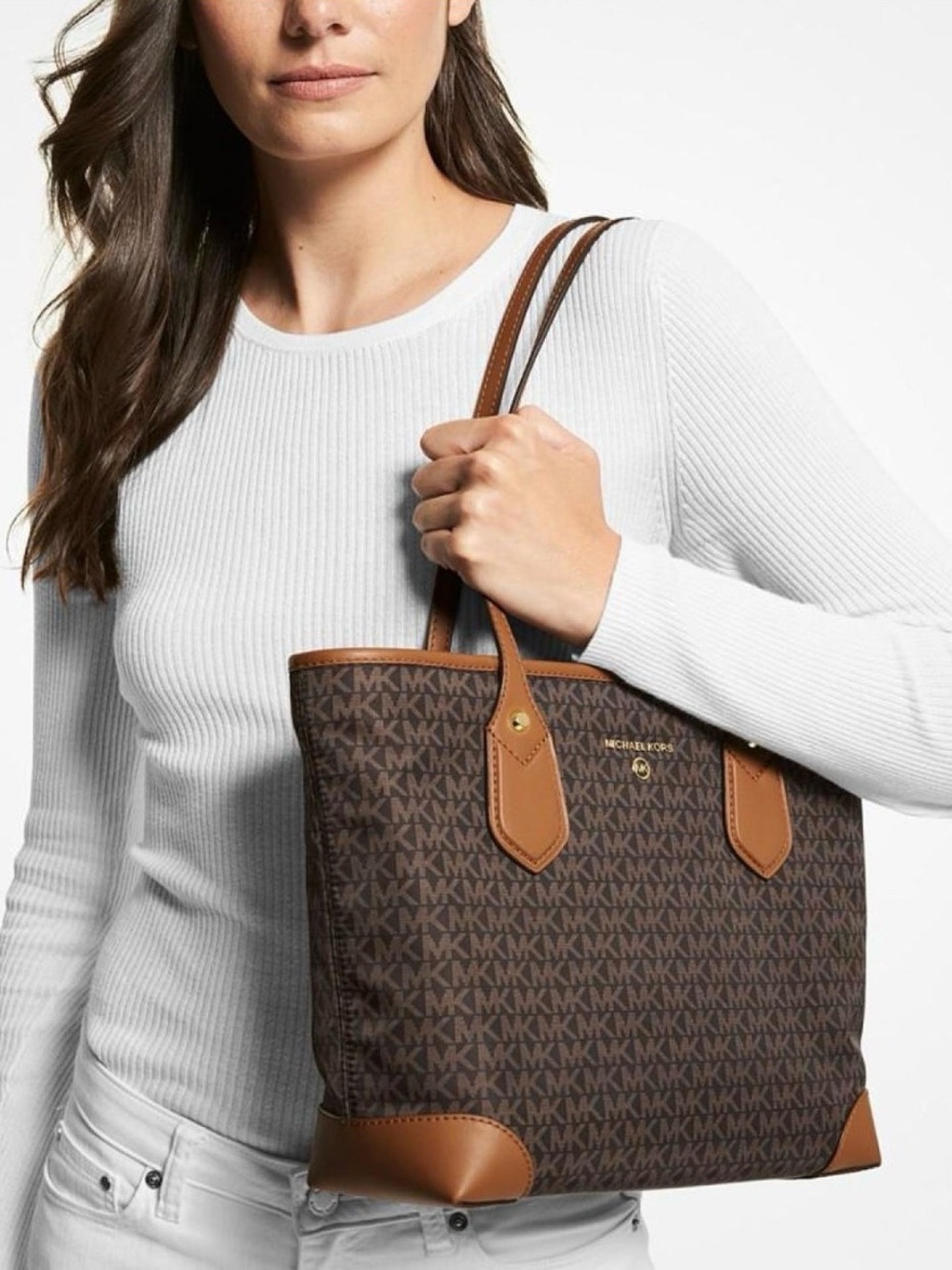 Michael Kors Eva Medium MK Logo Top Zip Tote –Brown